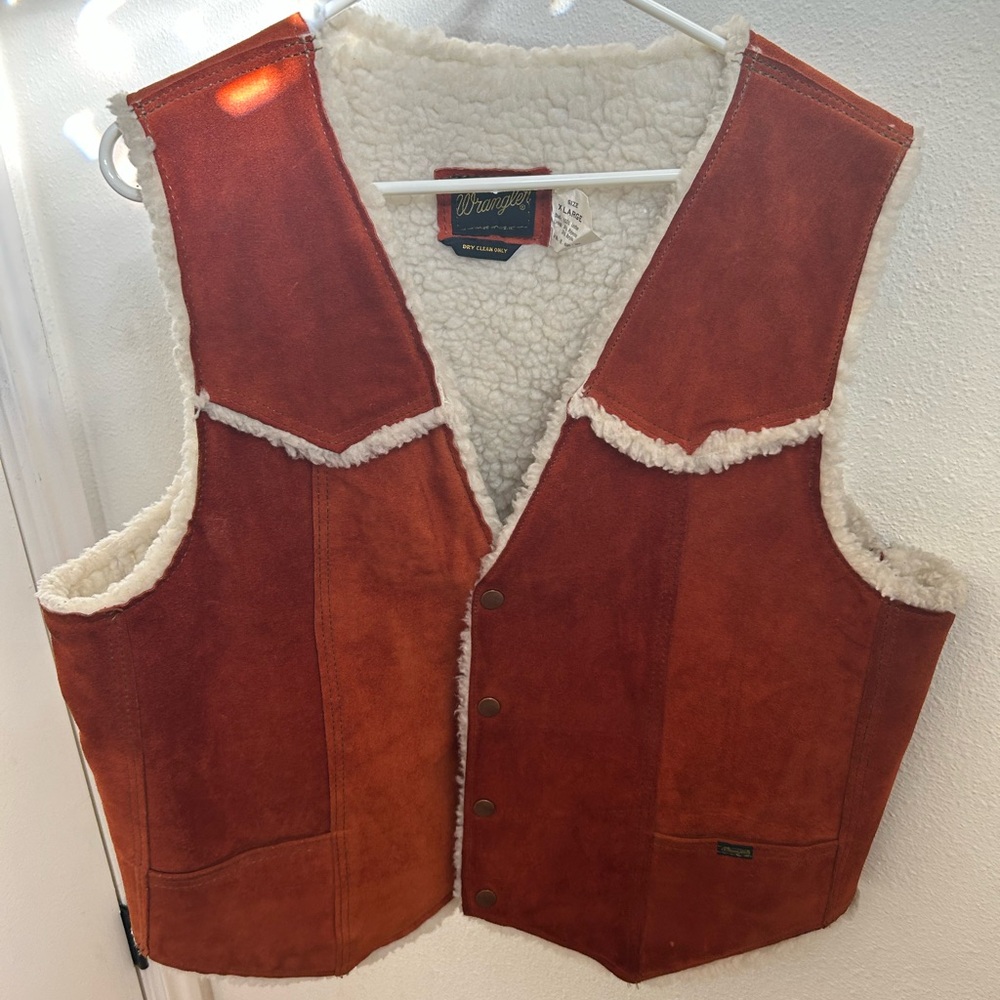 VTG Wrangler LEATHER Suede Vest | Orange Rust Brown | White Shearling Vintage XL